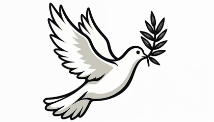 Obraz premium White dove flies carrying olive branch. Symbol of peace freedom hope love goodwill. Bird illustration for concepts like nature harmony spirituality end of conflict. Peaceful avian creature.