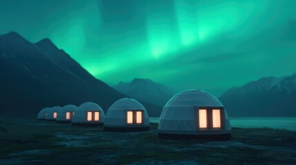 A serene landscape featuring dome-shaped accommodation under the Northern Lights, surrounded by mountains and a tranquil lake.
