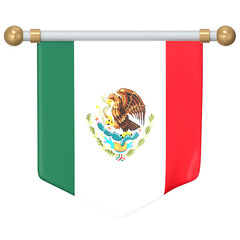 Triangular Mexico flag banner hanging from a bar 3D Icon Illustration. Low Poly Style.