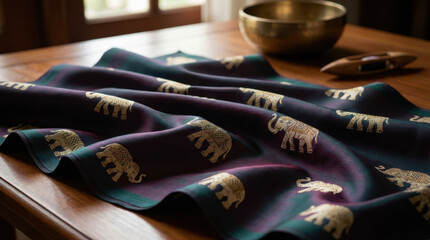 Elegant purple silk textile with embroidered golden elephants lies folded on a polished wooden surface
