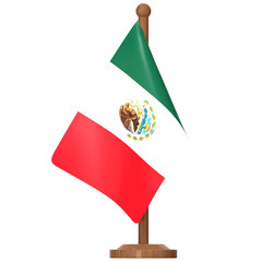 Small Mexico flag on a wooden stand 3D Icon Illustration. Low Poly Style.