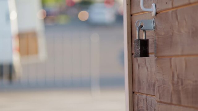 close-up of a padlock on a wooden door, with a softly blurred background showcasing a hint of urban life. The warm tones and focus on the lock emphasize security and protection.