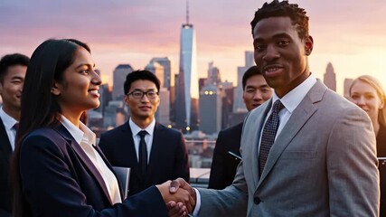 Diverse business partners formalizing a successful agreement with a handshake on a city rooftop, embodying global collaboration and professional success against an urban skyline at dusk - Powered by Adobe