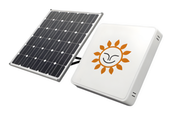 Solar panel and accompanying power unit with sun emblem, representing sustainable energy solutions on transparent background