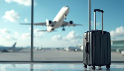 Black suitcase waits by airport window. Airplane takes off on runway. Travel, vacation, journey, waiting, departure, destination, global mobility, transit, business trip, leisure time, luggage,