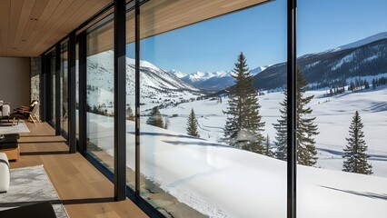 Expansive view from modern home window of snowy mountain valley and pine trees