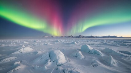 Vibrant Aurora Borealis Over Frozen Arctic Landscape with Snow and Mountains