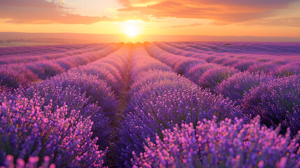 Fototapeta premium Vast lavender field at sunset with rows of purple flowers stretching to the horizon under a vibrant orange and yellow sky