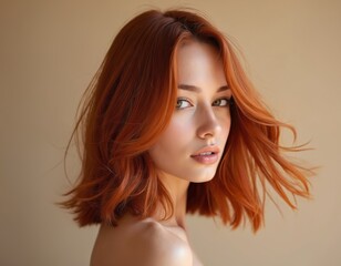 Portrait of young woman with vibrant red bob haircut. Her silky smooth hair has a healthy glossy shine. She looks attractive with natural makeup and soft lips. Elegant feminine style.