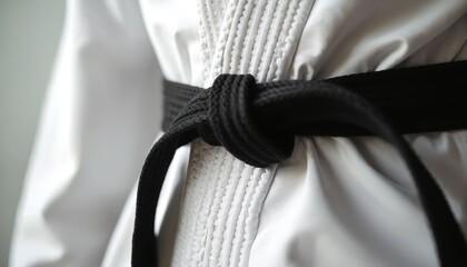 Close-up of black belt tied on white martial arts uniform. Knot detail and fabric texture are visible, suggesting skill and discipline. This image represents dedication and mastery in combat sports.