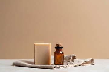 Natural soap and oil bottle on beige towel