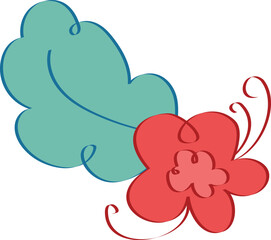 Obraz premium Coral red flower teal leaf stylized nature bloom vector isolated doodle design element graphic art