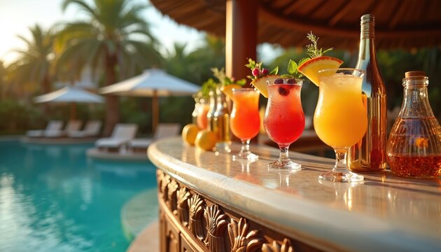 Colorful tropical cocktails served at poolside bar during golden hour. Luxurious resort setting with palm trees and lounge chairs visible near blue swimming pool.