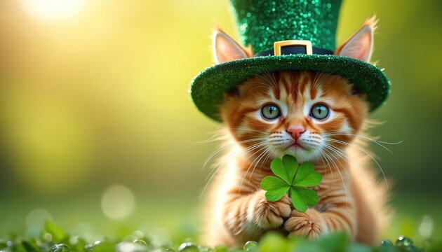 Ginger kitten wears leprechaun hat and holds shamrock. Cute cat sits outdoors with green clover. Festive animal celebrates Irish holiday with lucky charm for good fortune.