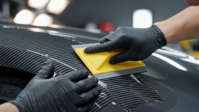 A person wearing black gloves is using a yellow squeegee to apply a film to a carbon fiber car panel. The image focuses on the hands and the panel.
