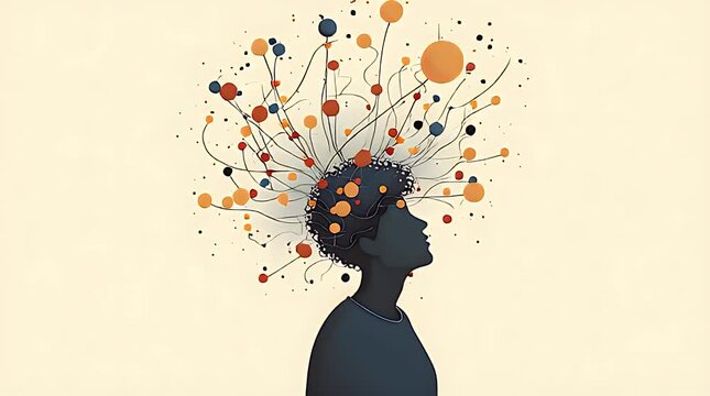Editorial illustration of a person surrounded by tangled abstract lines and floating symbols around the head, representing overthinking and mental noise, modern flat illustration style, soft neutral c