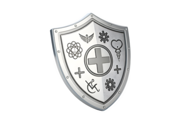 Detailed rendering of a metallic shield decorated with medical and scientific icons representing protection isolated on transparent background