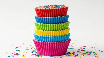 Colorful cupcake liners stacked with sprinkles on white background  