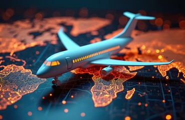 Model airplane on digital world map. Futuristic concept of global aviation travel and flight planning networks. Bright lights form city maps, showing transport infrastructure.