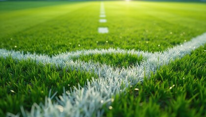 Closeup view of soccer field green grass with white line marking. Freshly cut lawn texture with water drops. Sports background for game design.
