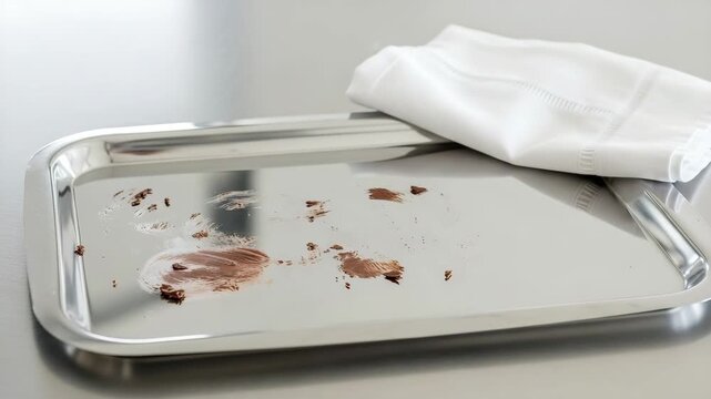 Stainless steel tray with leftover chocolate crumbs and napkin  