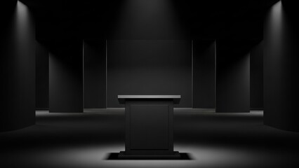 A black podium in a dark room with a spotlight shining on it.