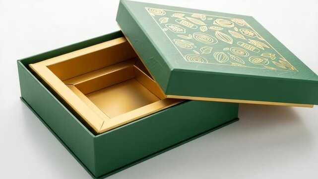 Elegant green  box  for chocolate and sweets with gold interior and decorative lid  
