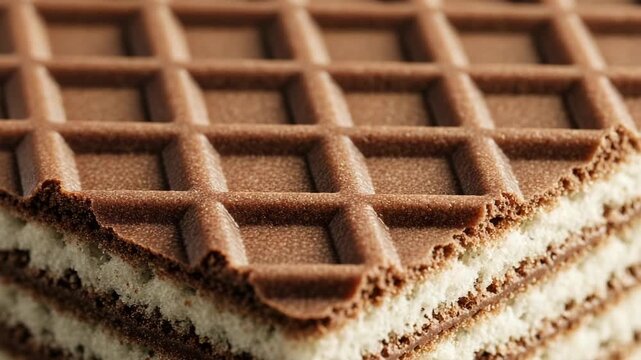 Chocolate wafers stacked on wooden surface with textured pattern  , Detailed shot of the intricate, geometric pattern on a classic chocolate wafer biscuit