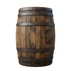 Fototapeta premium Wooden barrel with metal bands on black wood barrel isolated on a transparent background
