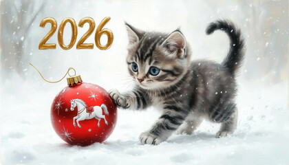 New Year's card for 2026 with a kitten.