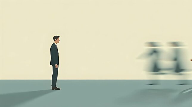 Conceptual editorial illustration of a person standing still while abstract blurred figures move forward as streaks, symbolizing fear of being left behind in life or career, clean flat vector style, m