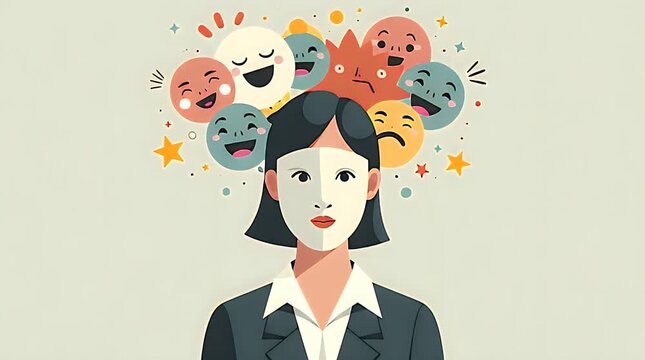 Conceptual editorial illustration of a professional wearing a neutral mask while colorful emotions remain hidden behind it, symbolizing emotional suppression in corporate life, clean flat vector style