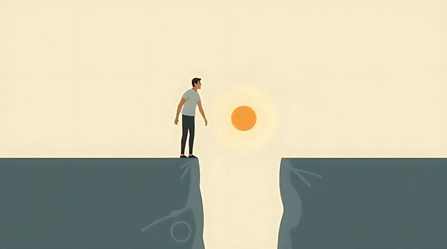 Conceptual editorial illustration of a person standing at the edge of a small gap while a single bright stepping stone floats ahead, symbolizing fear of starting something new, clean flat vector style