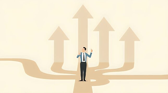 Conceptual editorial illustration of a person standing at multiple arrow paths pointing in different directions, symbolizing decision paralysis and career confusion, clean flat vector style, neutral b
