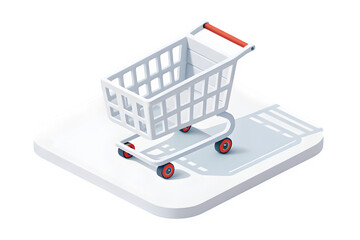Modern white isometric shopping cart illustration for retail and e-commerce applications isolated on transparent background