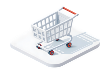 Modern white isometric shopping cart illustration for retail and e-commerce applications isolated on transparent background