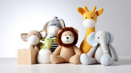 A group of colorful plush toys, including a lion, elephant, giraffe, and others, arranged neatly