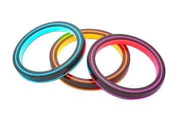 Futuristic glowing rings interlocking in a vibrant neon display against a dark background isolated on transparent background