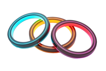 Futuristic glowing rings interlocking in a vibrant neon display against a dark background isolated on transparent background