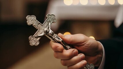 Hand with reverent mood holding a crucifix against a softly lit church interior background