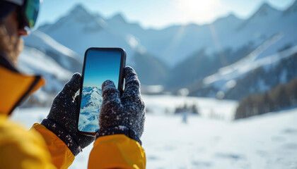 Person in ski gear holds smartphone showing snowy mountains. Snowboarder checks app on phone while on winter slope. Sunny day on ski resort.