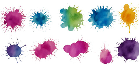 vibrant abstract watercolor paint splashes with colorful ink splatters, grunge stains, and blobs isolated on a clean white background with expressive fluid artistic motion