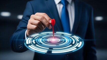 Closeup of businessman hand holding red dart targeting digital bullseye on futuristic interface
