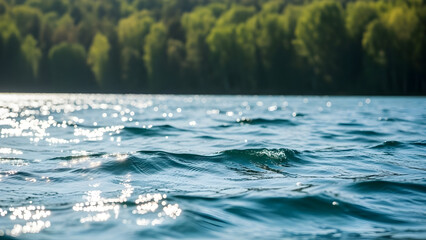 Serene lake water with sunlight reflecting on waves near forest