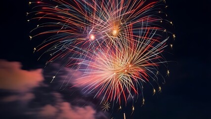 Fototapeta premium Vibrant fireworks burst across a dark night sky with wispy clouds, showcasing red, orange, yellow, and blue trails