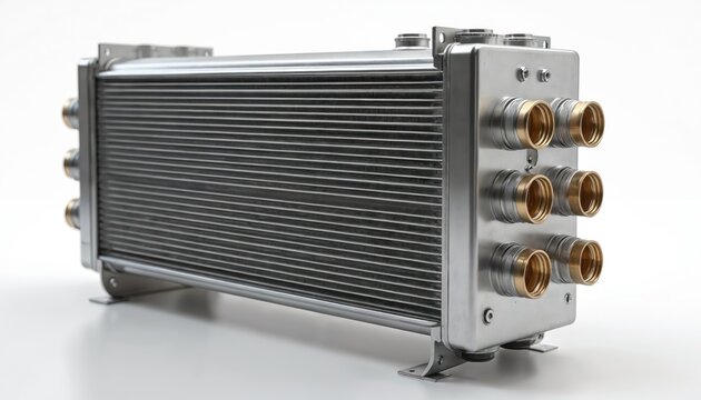 Industrial heat exchanger unit made of silver metal with many fins and brass connections. This device controls thermal transfer for efficient cooling or heating.