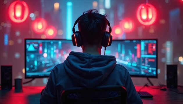 Gamer with headphones plays computer game in neon room. Young man watches esports on dual monitors. Futuristic setup with bright red and blue lights.