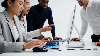 Diverse professionals collaborating intently on a digital project, analyzing data and discussing strategies around computers in a modern office, highlighting teamwork and innovation - Powered by Adobe