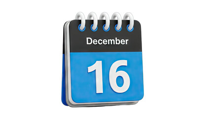 3D December 16th Calendar Page on transparent background