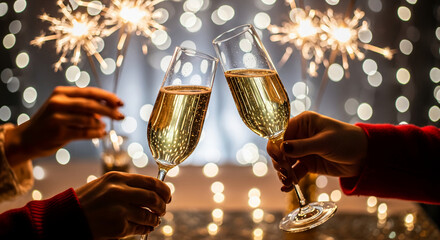 Two champagne flutes clink against a blurred bokeh light background. Hands hold sparkling lights, representing celebration, holiday cheer, or success
